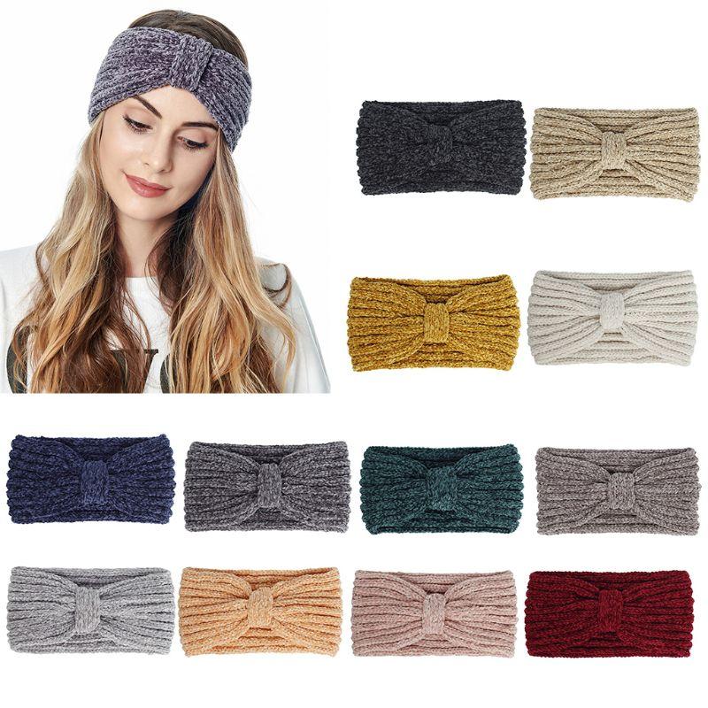 

Women Winter Chenille Knitted Wide Headband Solid Color Knotted Center Elastic Hairband Crochet Striped Ear Warmer Turban Headwr