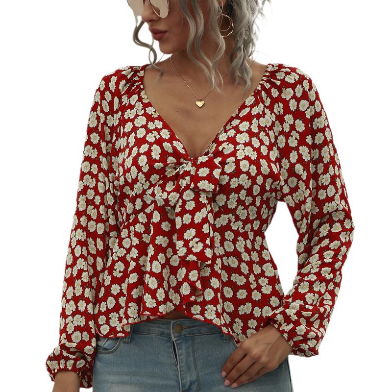 

2020 Spring Autumn Women Sexy V-neck Lace-up Blouse Fashion Long Sleeve Daisy Print Top for Ladies Female, As pic