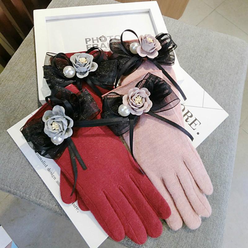 

Korean touch screen cashmere bow flowers thickening cute warm women autumn winter pink gray red gloves mittens
