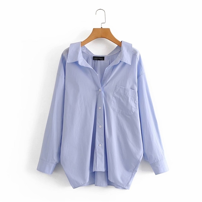 Evfer Women Casual Za Blue Loose Poplin Shirts Oversize Tops Ladies Fashion Long Sleeve Single Breasted Turn-down Collar Blouse 220315