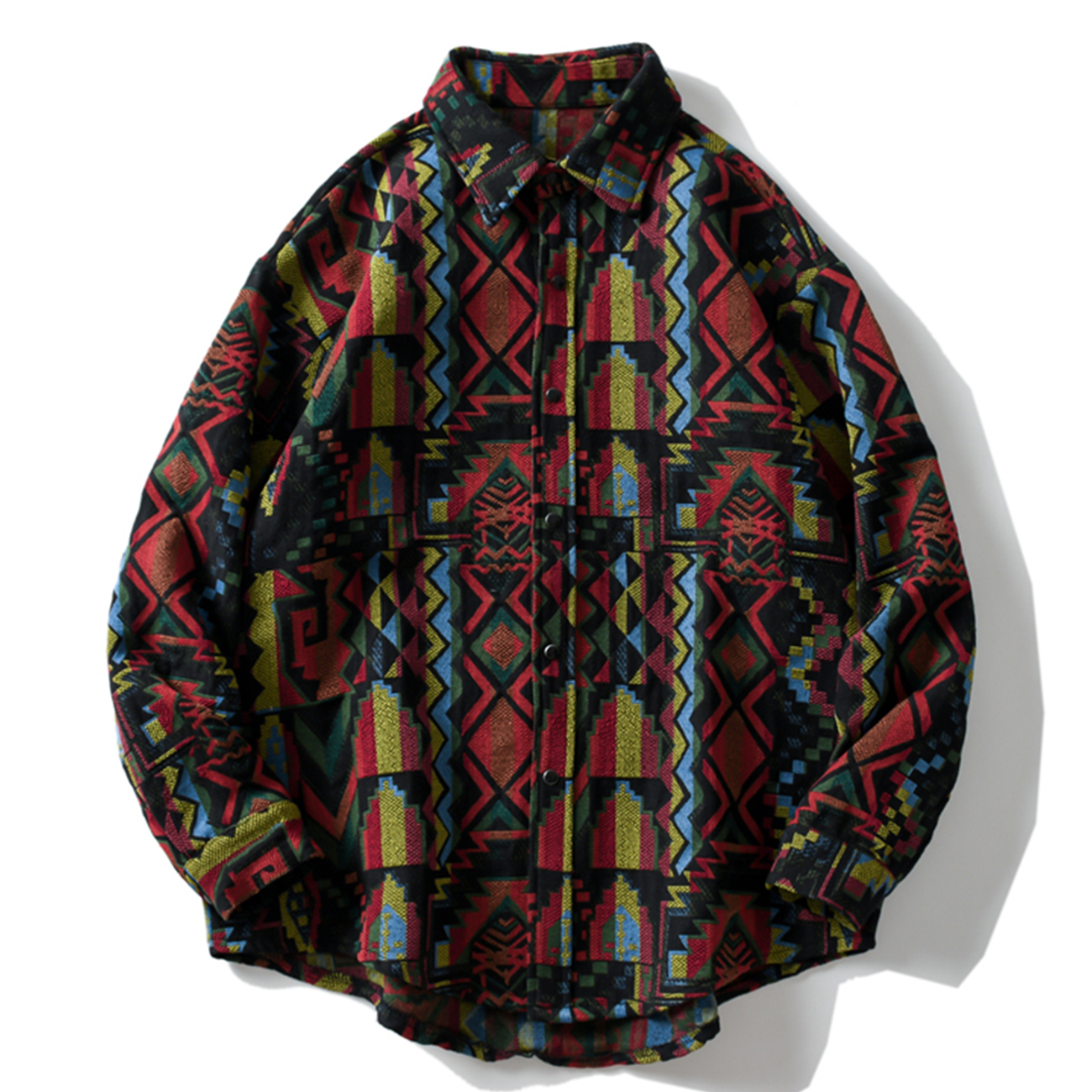 

2021 New Hip Hop National Style Geometry Knitted Retro Ethnic Embroidery Long Sleeve Shirts Mens Harajuku Streetwear Button Shirt Uhgq, One