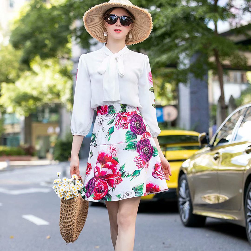 

Retro-printing Tie Thin Shirt Half Skirt of Women Two-piece Suit Summer New High Quality Fashion 6duf, Multiple