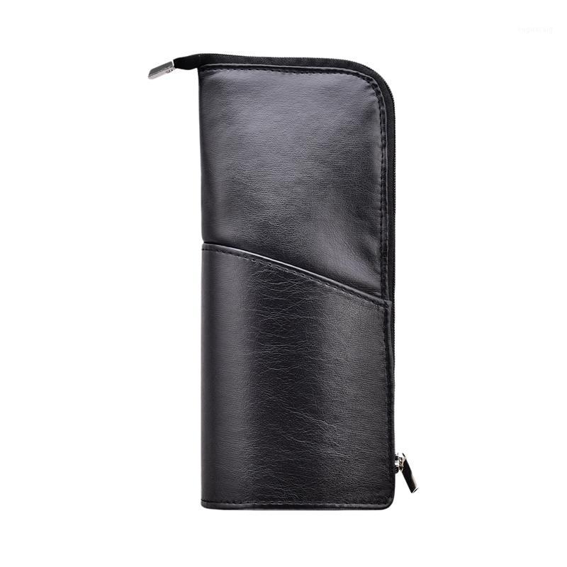 

PU Travel Makeup Brush Holder Pencil Pen Case Organizer Bag Zipper Stand-Up Small Toiletry Stationery Bag with Divider1, Black