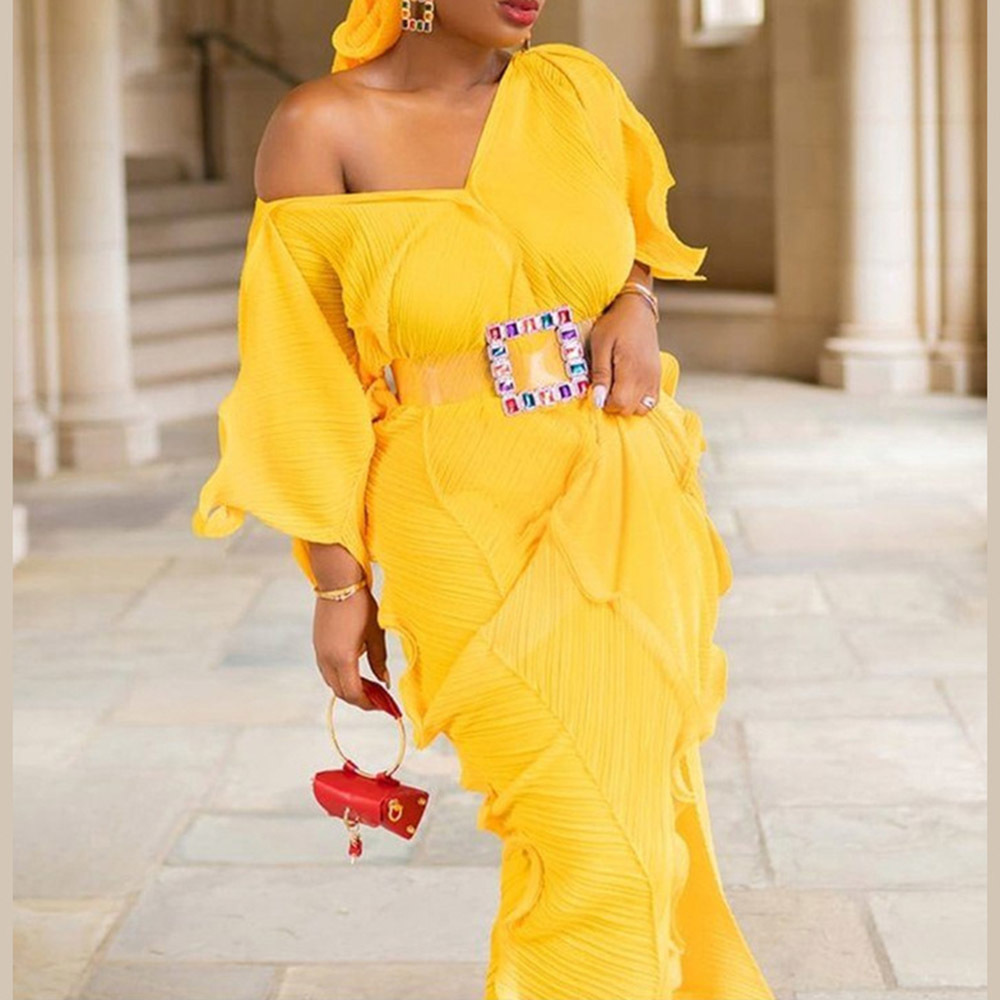 

2021 African Long Chiffon of Sexy Girly Party Frilly V-ruffled Muslim Dubs Ayaba Robe with Hijab Yellow Belt Dress C1ov, Turquoise