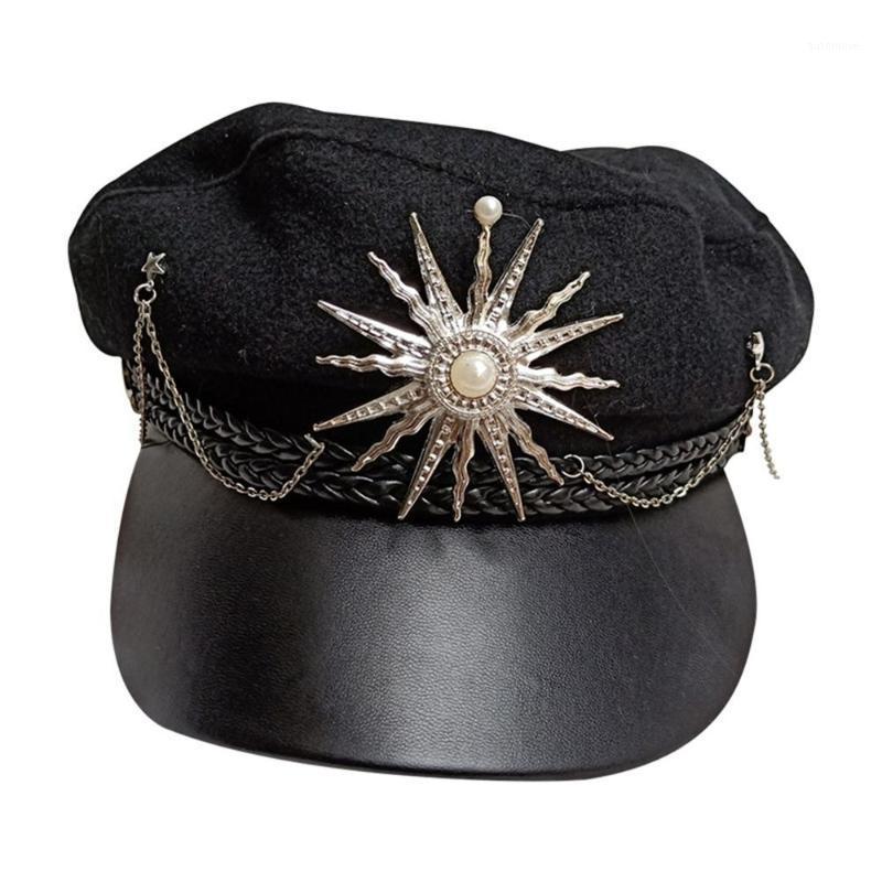 

Women Girls Cute Black Lolita Cap Casquette Peaked Cap Steampunk Metal Chain Props Gothic JK Beret Cool1, Silver