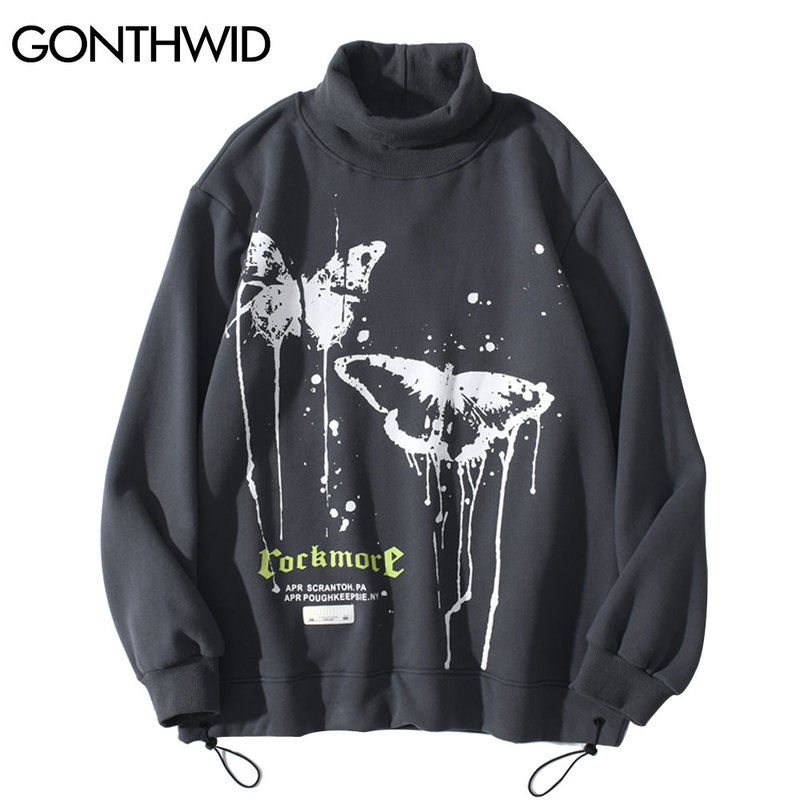 

Pullover Sweatshirts Streetwear Hip Hop Graffiti Butterfly Print Fleece Hoodies Harajuku Fashion Casual Tops Outwear, Black