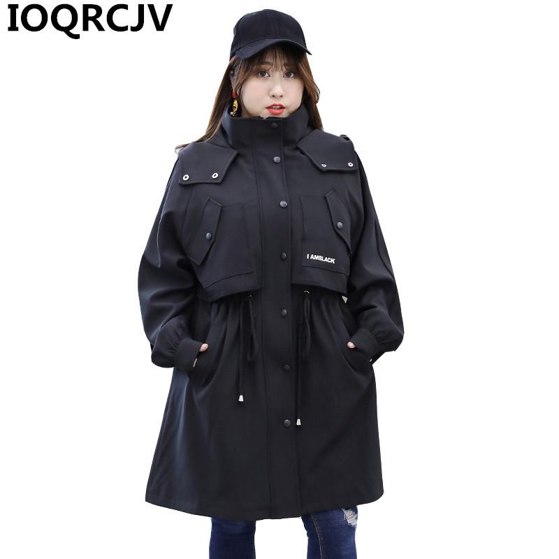 

2020 Autumn Women's Trench Coat Black Large Size Long Coat Pockets Windbreaker Female Cloak Outerwear Loose Hooded woman clothes