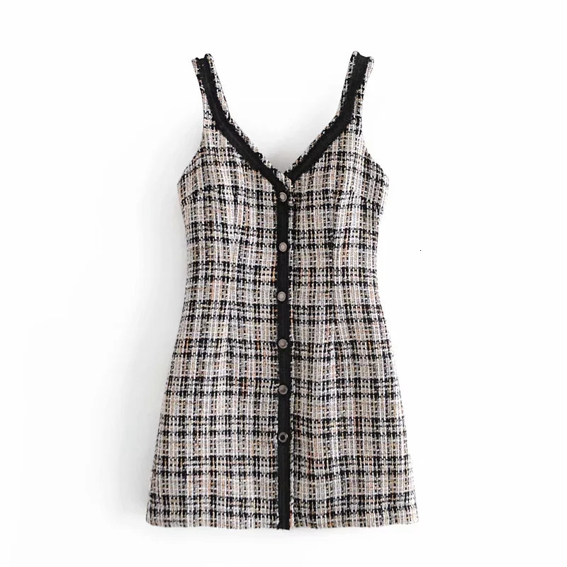 

New Black White Plaid Tweed Pinafore Mini Women 2021 Winter Sleeveless Slip Dress Woman Vintage Slim Elegant Dresses Lg6l