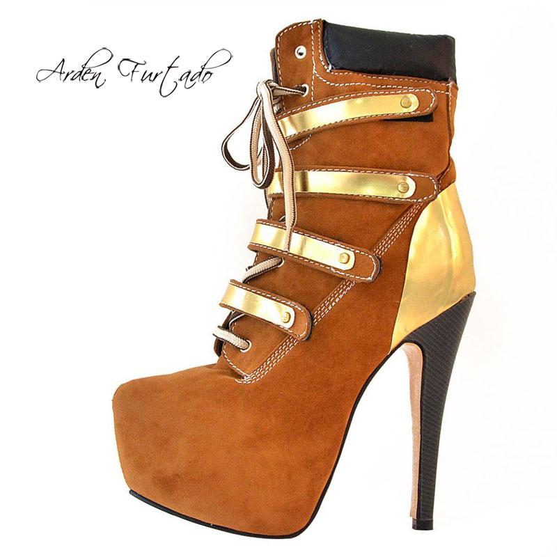 

Arden Furtado Fashion Women's Shoes Winter Pointed Toe Stilettos Heels Sexy Elegant Ladies cross tied platform ankle Boots, Brown