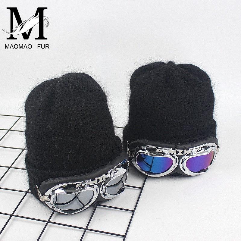 

New Women Winter Hat Thick Double Layer Cashmere Skullies Female Cap With Cool Sun Glasses Warm Fur Knitted Beanies Hat, Black 2