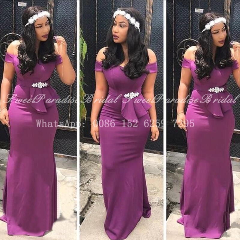 

Shiny Beads Rhinestone Purple Mermaid Bridesmaid Dresses Off Shoulder Women Vestidos Long Prom Dress Wedding Party Gown 201113, Silver