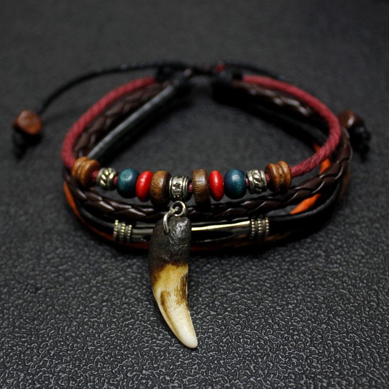 

Wolf Tooth Men Bracelet Ethnic style Retro Multilayer Leather Cotton rope Fashion Jewelry