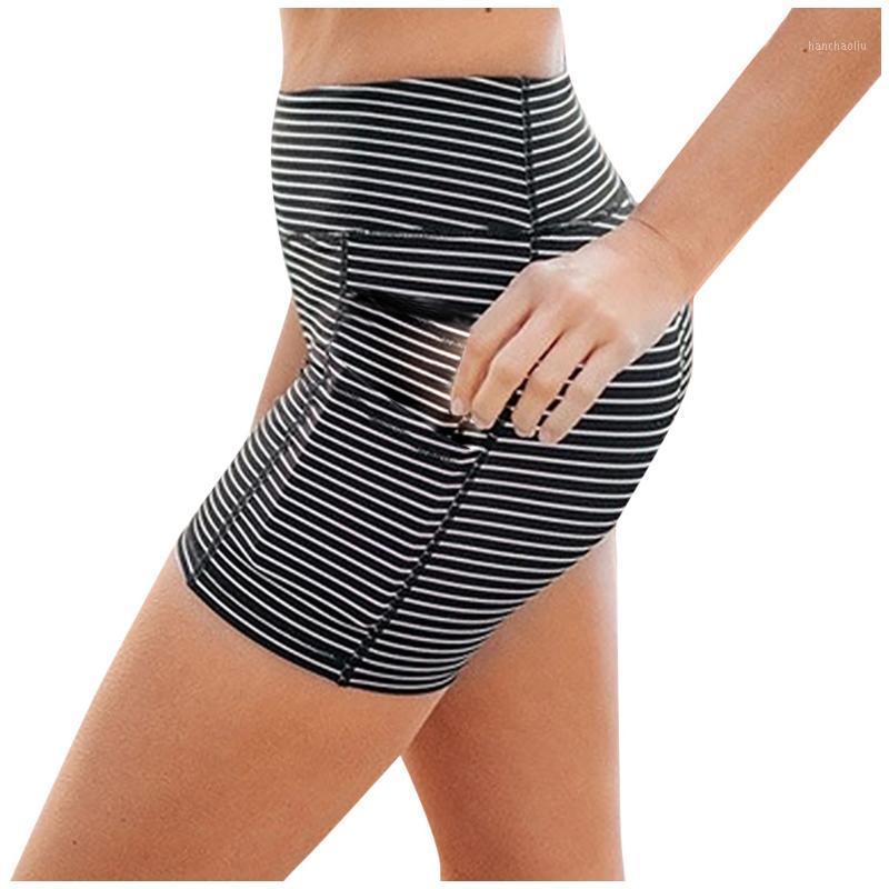 

Hot Sale Women Casual Stripe Print Pocket High Waist And Hip Lifting Stretch Running Yoga Short Sports Short Pants1