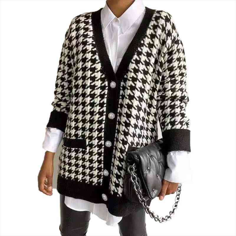 

Women Button Houndstooth Cardigan Lady Sweater Womens Clothing Kawaii Clothes Japanese Style Gingham Leopard Jacket, White;black