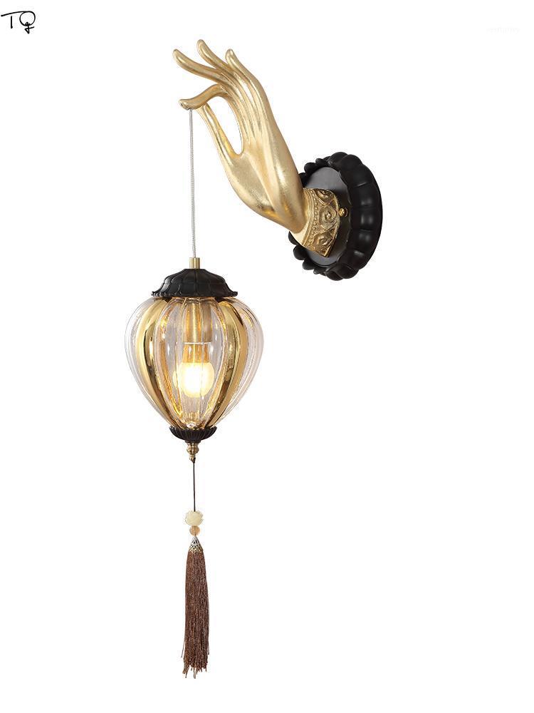 

Chinese Zen Art Buddha Hand Wall Lamp Gold Lustre Designer Classical Wall Sconces Living Room Background Corridor Hallway Loft1