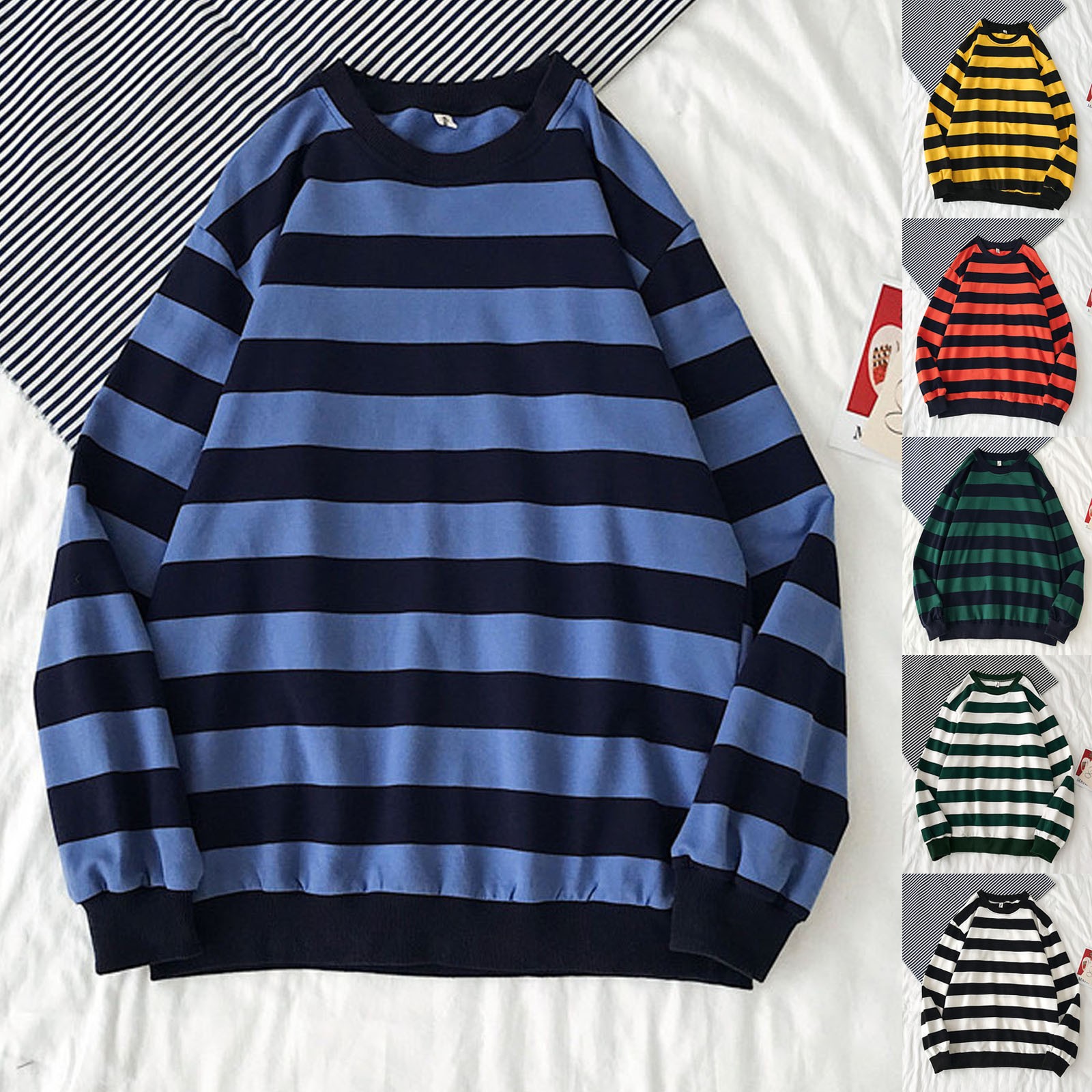 

Men's Autumn Winter Round Neck Stripe Sweatshirt Pullover Tops Long Sleeved Basic Pullovers Autumn Winter Classic Jumper Tops, Army green