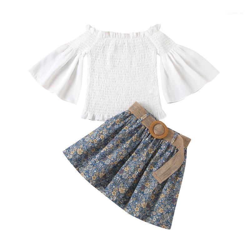 

CitgeeSummer Kids Girls 2Pcs Clothes Set White Flared Sleeve Ruffled Neck Tops Flower Printed Skirt Set1, As pic