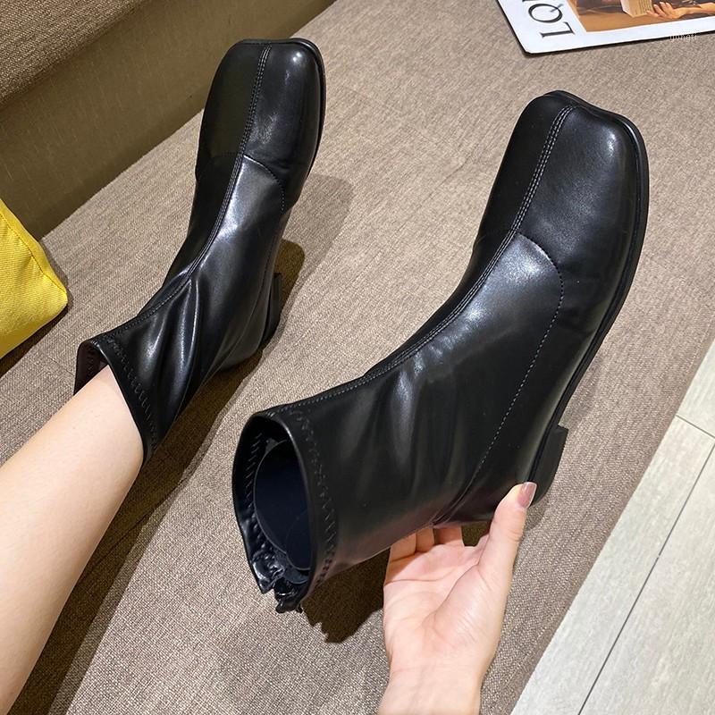 

Ins split toe black riding boots women zip chunky heels booties sewing bottes solid low heels mid-calf botines pu leather shoes1