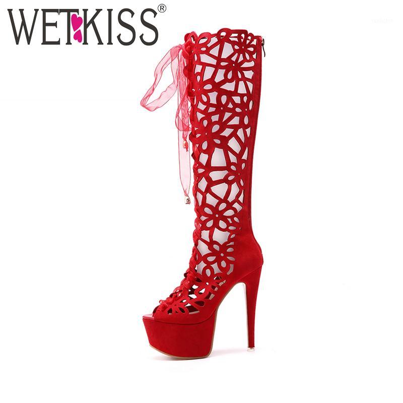

WETKISS Knee High Summer Women Boots Peep Toe High Heel Cutout Zip Footwear Summer Fashion Cross Tied Ladies Platform Shoes 20201, Black