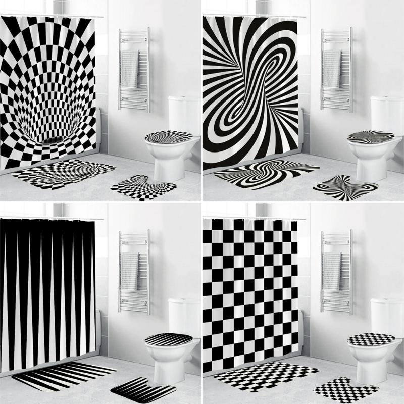 

Black White Geometric Stereoscopic Fabric Shower Curtain Bathroom Curtains Set Anti-skid Rugs Toilet Lid Cover Bath Mat Carpet1