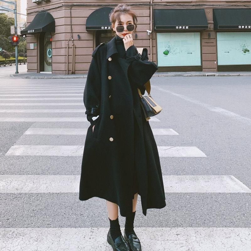 

England Style Slim Winter Coat Women Elegant Fashion Turn-down Collar Wool Coat and Jacket Solid Women' Autumn, Black