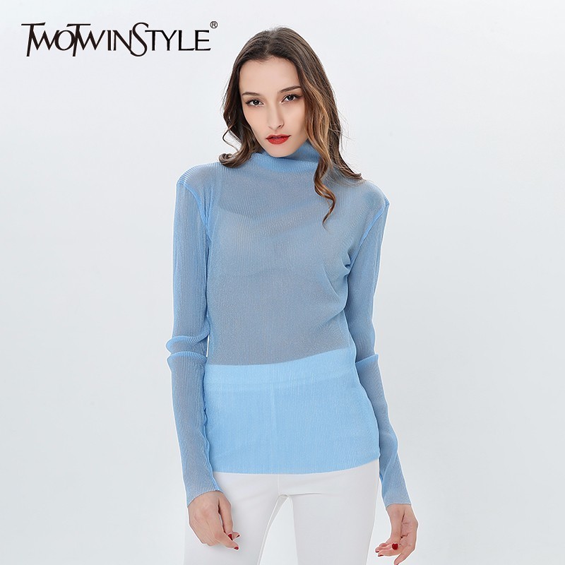 

TWOTWINSTYLE Long Sleeve Female T-shirt Transparent Sexy T-Shirts for Women Turtleneck Tops Underwear Korean Clothes Spring 201125, Camel