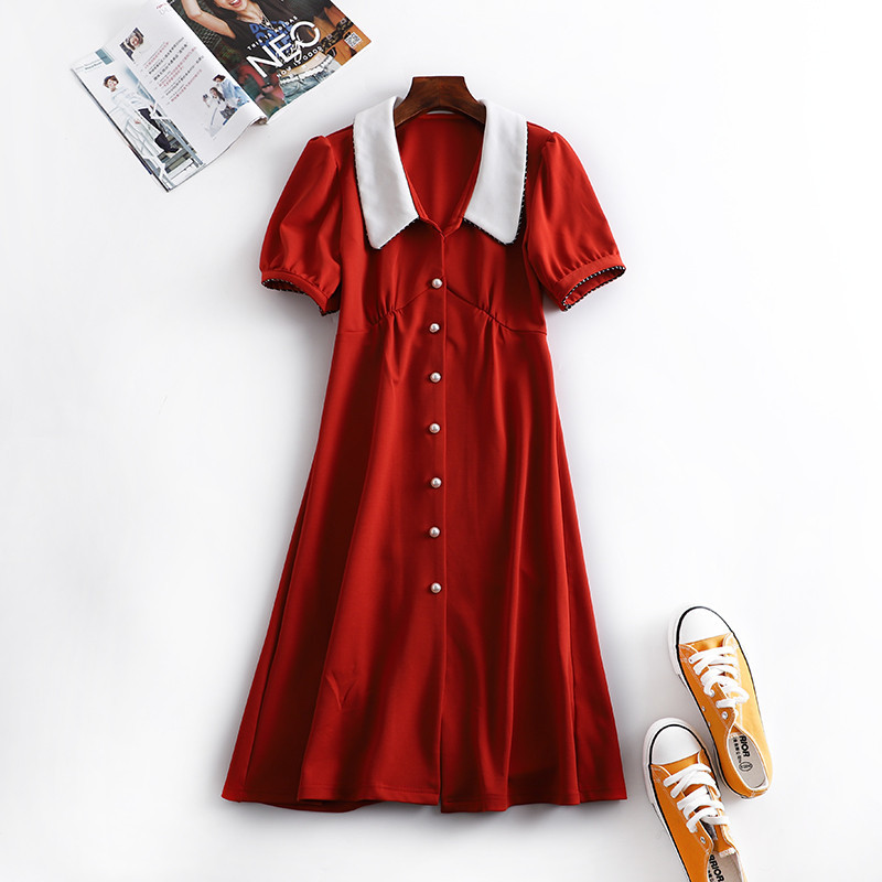 

2021 New High Waist Elegant a Line Pearl Buttons Midi Retro Tea Feminine Dress Contrast Peter Color Pan Collar Vintage Red Dresses U880, Black