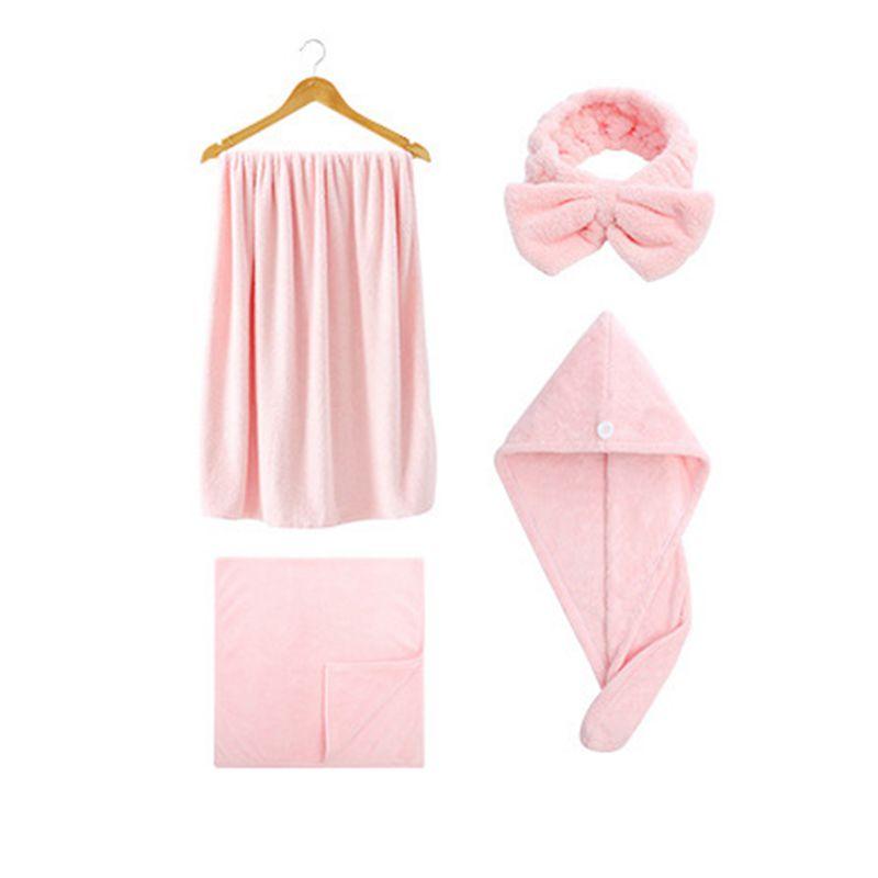 

Women Coral Velvet Microfiber Shower Towel+Bath Towel+Dry Hair Cap+Hairband 4 Set Bathroom Accessories Super Absorption