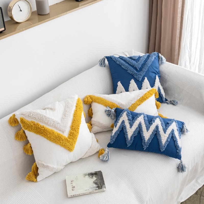 

Cilected Bohemian Geometric Pillow Cover Handmade Embroidery Cushion Covers Throw Car Sofa Bed Decorative Tassel Lace Pillowcase, D30x50cm