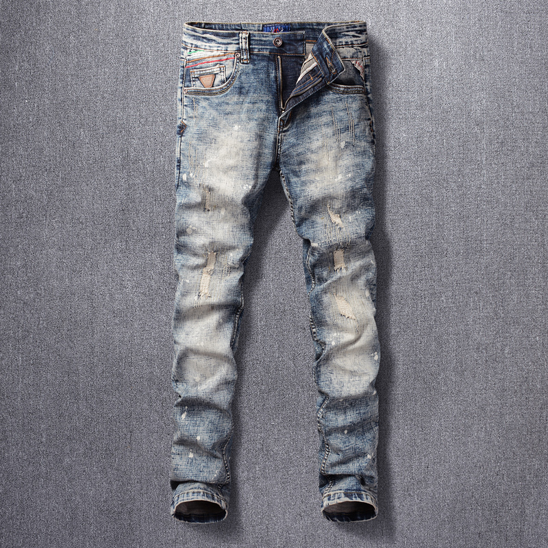 

2021 New Fashion Streetwear Men Jeans High Quality Elastic Slim Fit Ripped Denim Trousers Retro Blue Vintage Designer Hip Hop Long Pants N8t