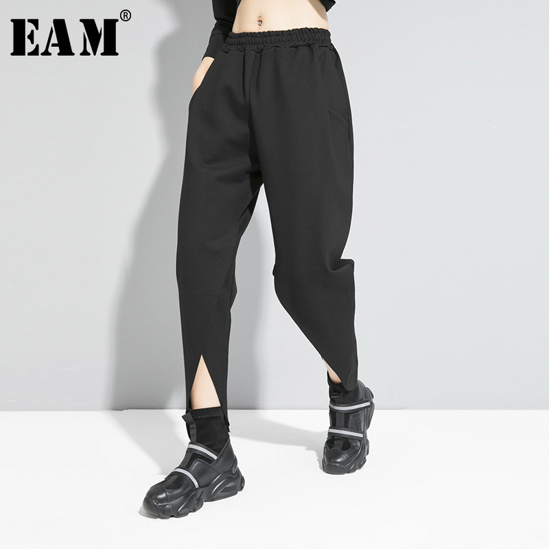 

[EAM] High Elastic Waist Black Hem Vent Long Harem Trousers New Loose Fit Pants Women Fashion Tide Spring Autumn 1S187 201109