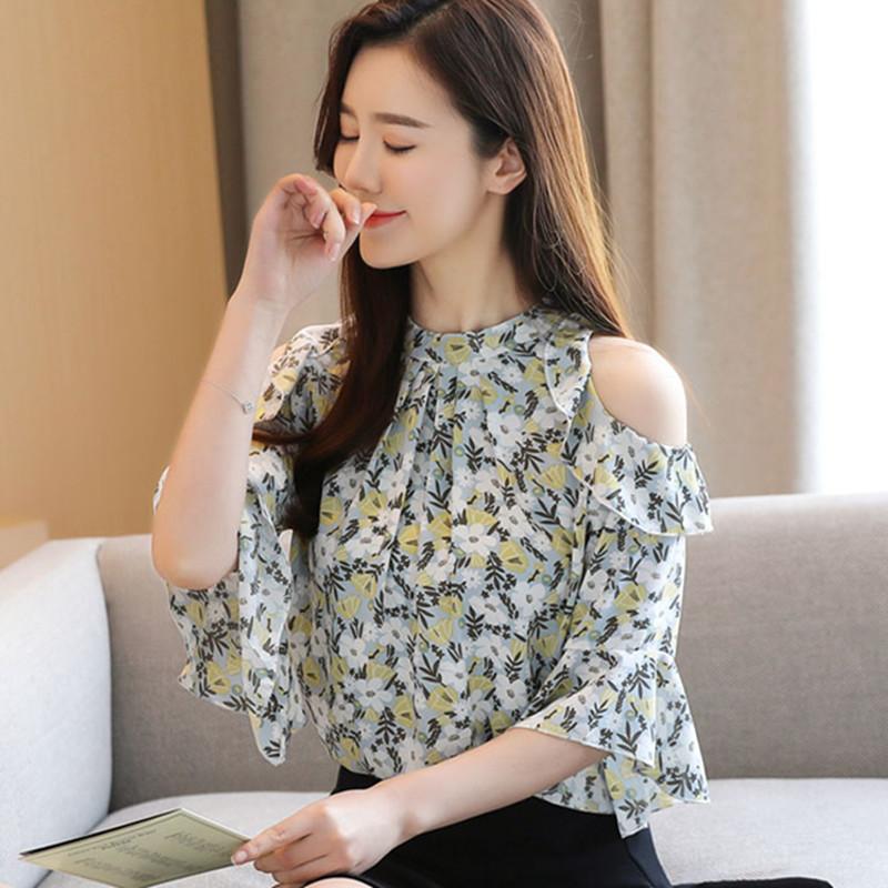 

Korean Chiffon Blouses Women Print Shirt Tops Plus Size Ruffles Tops Woman Flare Sleeve Floral Blouse Blusas Print Half Ruffles, Blue