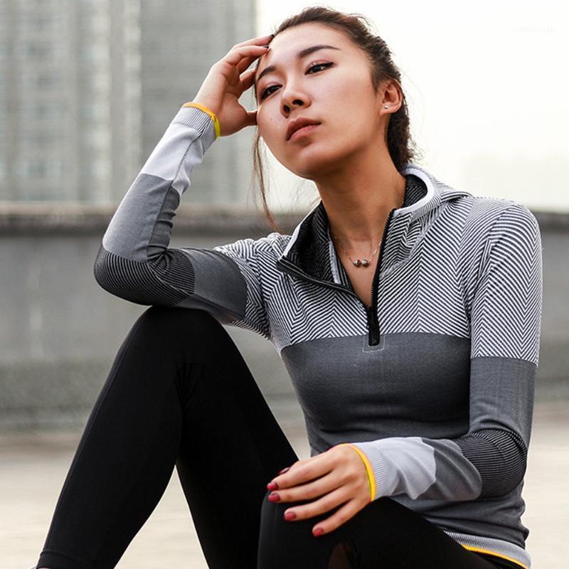 

Quick Dry Shirt Yoga Women Sexy Patchwork Yoga Top Sport Zipper Long Sleeve Breathable Gym Running Athletic Fitness Shirt SY031, Gray