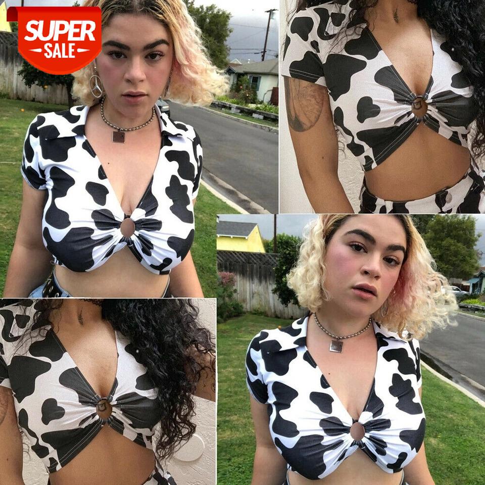 

Newest Hot Fashion Sexy Women Summer Tops Short Sleeve Deep V Neck Cow Printed Casual Tops T-Shirt S-L #tg19, White