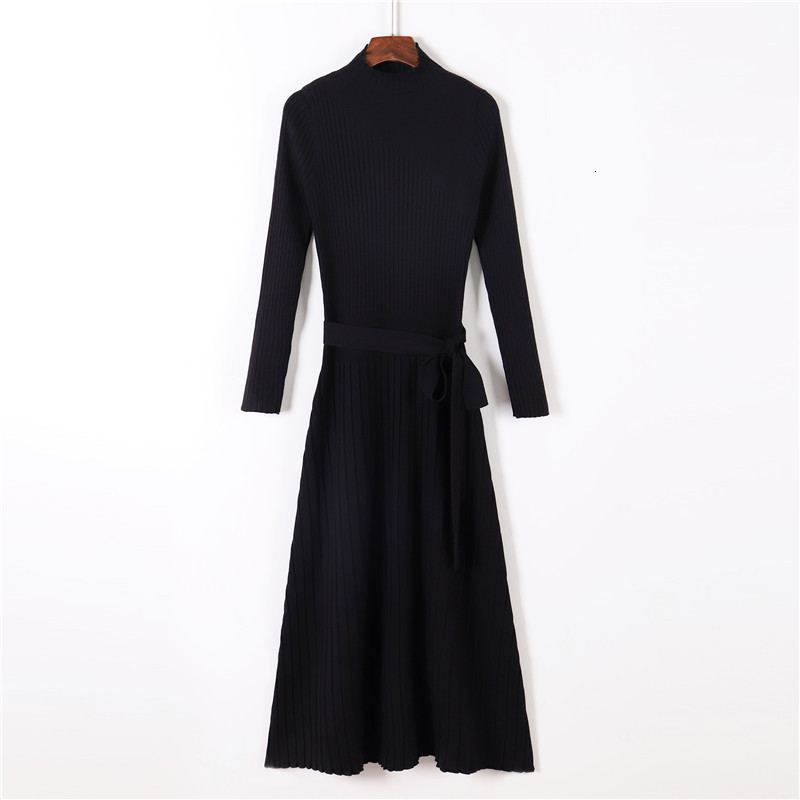 

2021 New Autumn Winter Maxi Women Sleeve Ol Female Long Sweater with Belt Elegant A-line Solid Slim Dress 2xyl, Blue