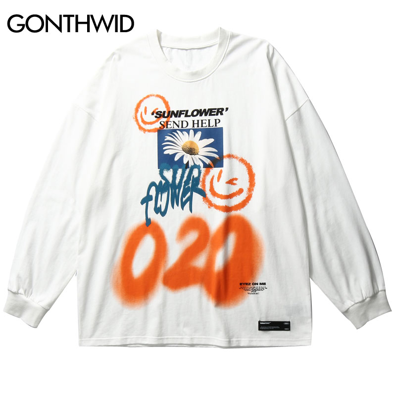 

Graffiti Face Sunflower Print Long Sleeve Tees Shirts Streetwear 2020 Hip Hop Casual Loose Cotton Tshirts Tops Mens, Black