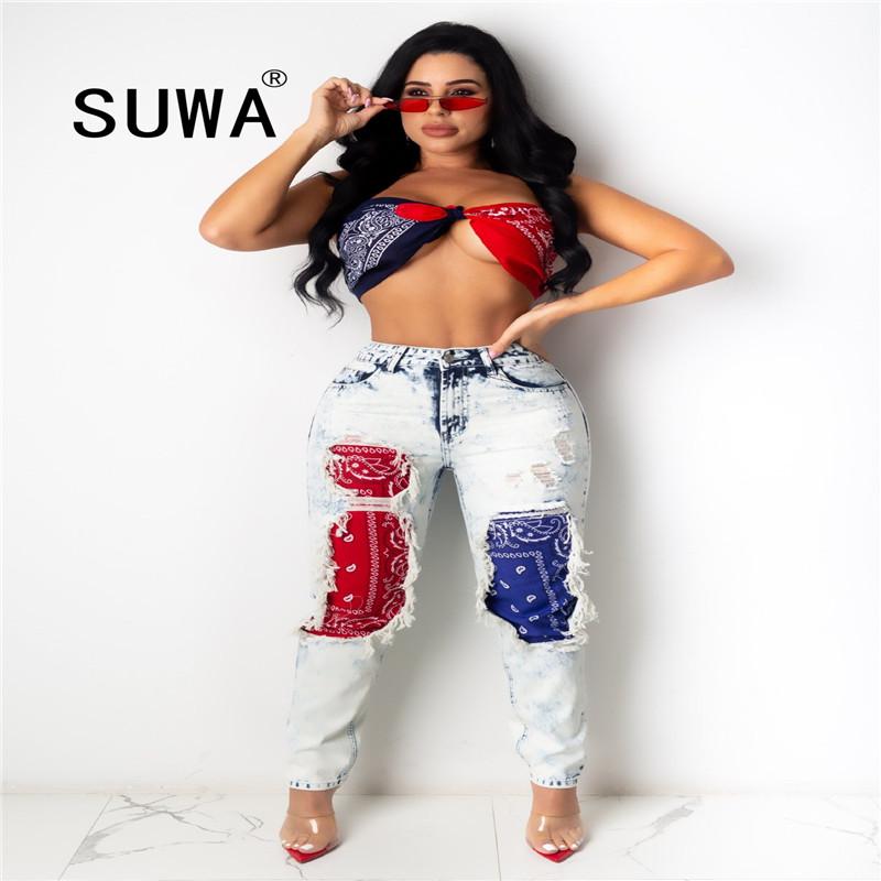 

Red Blue Paisley Print Casual Denim Trouser Women Fashion High Waist Zipper Straight Pant Hip Hop Ladies Stretchy Long Jeans, Light blue