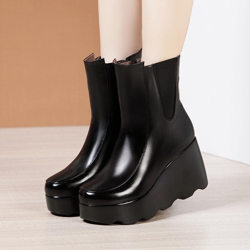 

New 2020 Fall Winter Platform Boots Women Shoes Plus Size 32-43 High Heels Wedges Ankle Boots Ladies Motorcycle Leather1, Black