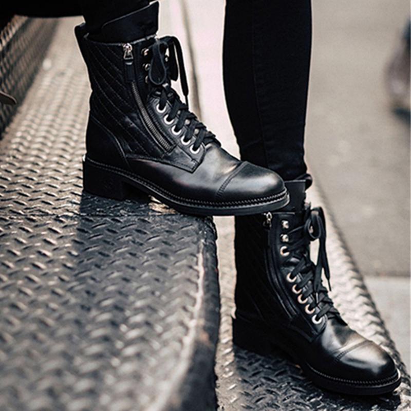 

Boots Gneuine Leather Women Ankle Thick With Short Motorcycle Shoes Autumn Winter Combat For 41, Black