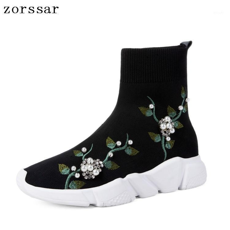 

Zorssar} 2021 New Popular Young Women Boots Fashion Pearl Casual Sneaker Womens Flat Ankle Stretch Socks Boots Big Size 34-441, Black
