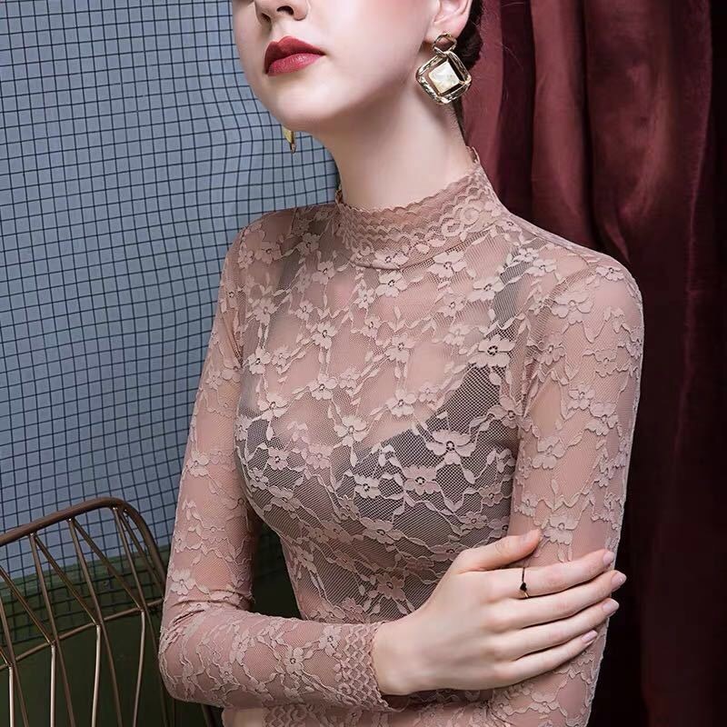 

2021 New Fashion Lace Blouse Sexy Transparent Female Shirt Long Mesh Shirts Plus Size Spring Summer Elastic Thin Tops IJM5, Dark pink