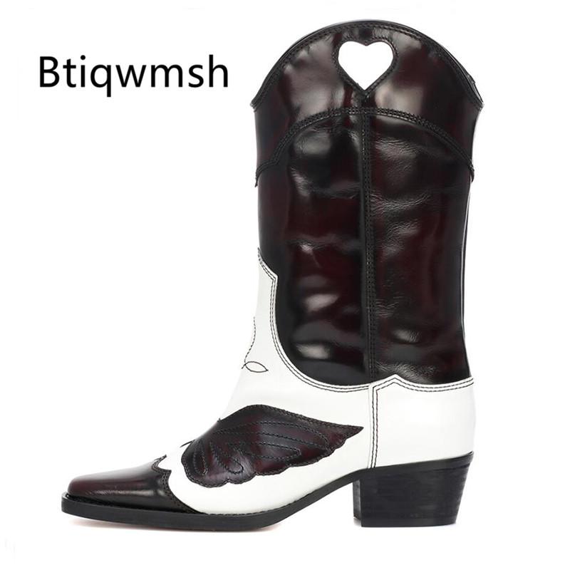 

2020 Retro Black Brown Ankle Boots Woman Square Toe Embroidery Butterfly Mixed Color Low Heel Boots For Women Cowboy, As photo