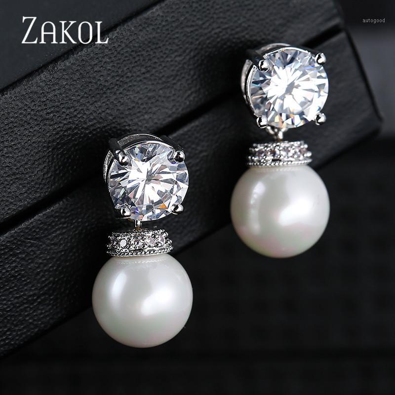 

Stud ZAKOL Cute Round Zirconia Shape Earrings Imitation Pearls Women Jewelry For Party FSEP20041
