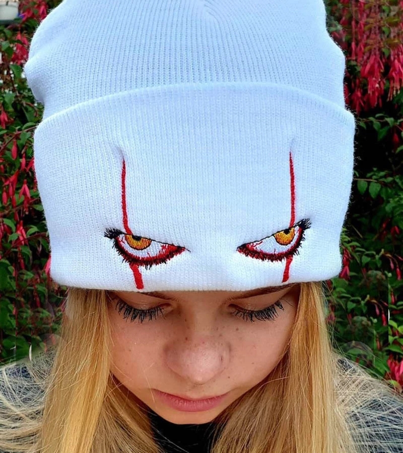 

Unisex Winter Soft Outdoor Beanie Solid Color Knitted Hat Pennywise scary eyes Hood Hat for Kids Casual Outside Halloween Hats, Blue;gray