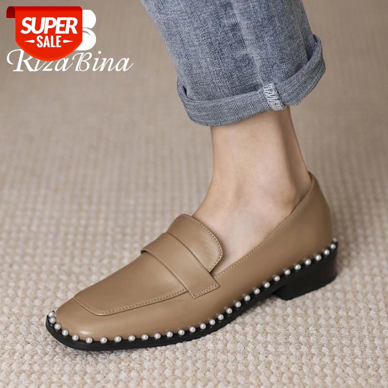 

RIZABINA Women Real Leather Flats Square Toe Shallow Slip On Pearl Elegant Daily Shoes Ladies Footwear Size 34-39 #Fu57, Beige