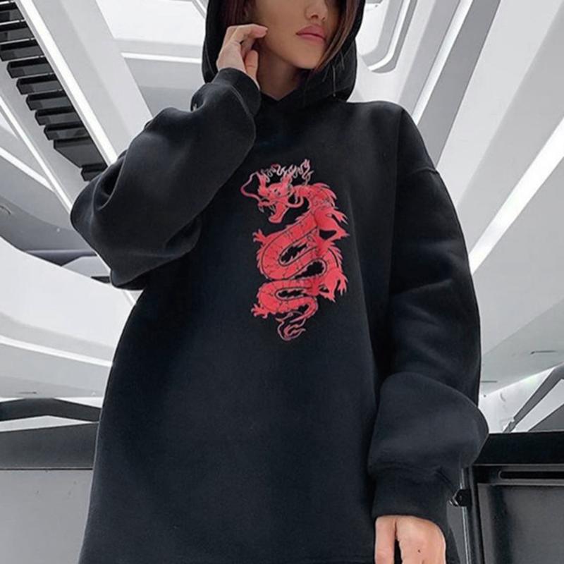 

Fashion Dragon Printed Pullover Autumn New Casual Long Sleeve Hoodies Female Basic Loose Daily Wear 90s Streetwear, Black