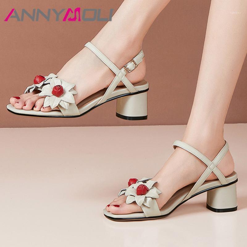 

ANNYMOLI Shoes Women Flower Real Leather High Heels Sandals Square Toe Block Heel Ladies Footwear Summer Sandals Female Green 451, Beige