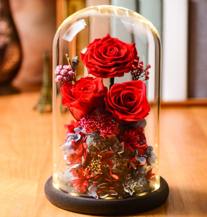 

Eternal flower glass cover gift box for Christmas birthday present Decorative Flowers girlfriend gift 18*28cm red pink purple blue, As pic