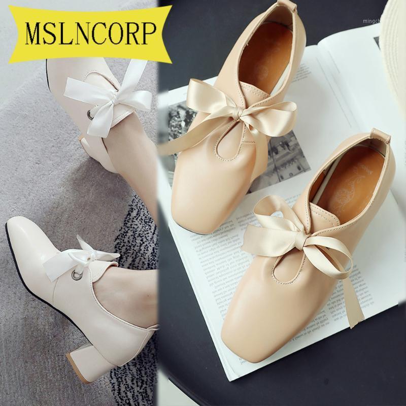 

Plus Size 34-46 Chunky Heels Sexy Women's Pumps Elegant Office Lady High Heeled Women's Shoes Bowtie Lace-Up Square Toe Pumps1, Beige