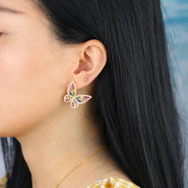 

trendy baguette rainbow colorful cz paved cute lovely animal butterfly Beautiful women charm fashion stud earrings jewelry 2021
